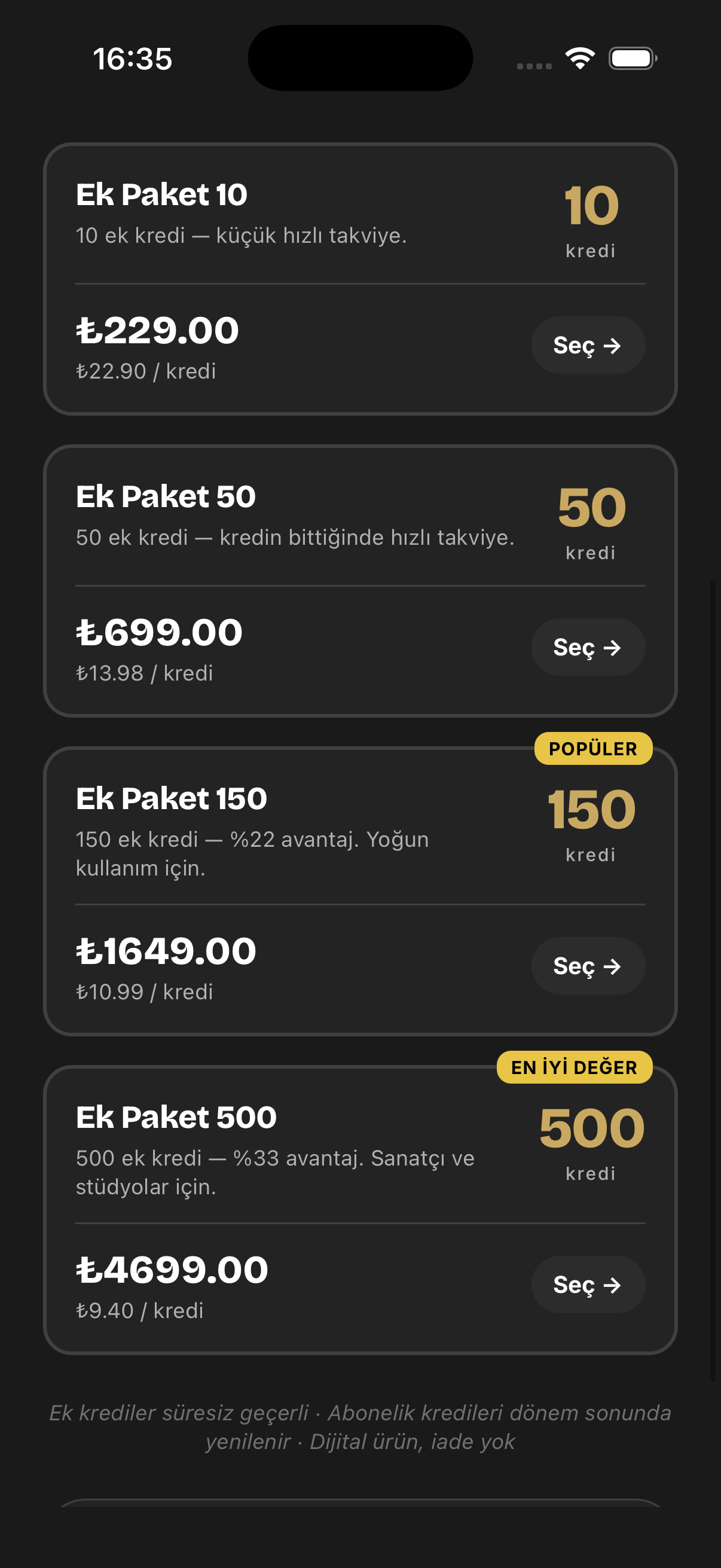 totpose kredi paketleri ekranı